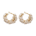 White Floral Pearl Cluster Hoop Earrings in Gold Tone view 5