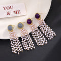 Purple and Blue Gray Cabochon Pearl Tassel Drop Earrings view 1