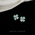 Mint Green Four-Leaf Flower Stud Earrings Clear CZ view 3