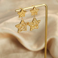 Textured Star Heart Double Drop Earrings Gold Steel Metal view 4