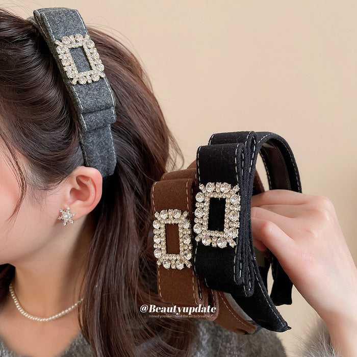 Flocked Bow Headband Square Rhinestone Buckle Gray