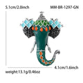 Enamel Elephant Head Brooch Green Gray Antique Silver Pin view 4