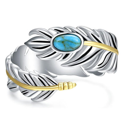 Two-tone feather open ring with turquoise cabochon close-up