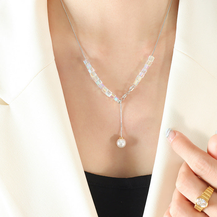 Steel Iridescent Cube Crystal Pearl Lariat Necklace