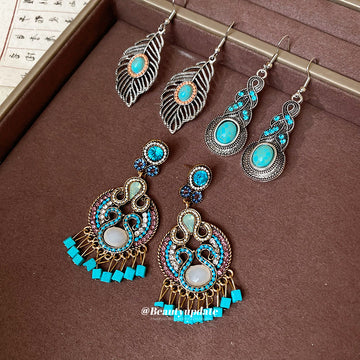 Silver Tone Turquoise Leaf and Filigree Drop Earrings