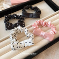 Pink Satin Ruched Bow Scrunchie With Unlisted Polka Dot And Black Colors view 3