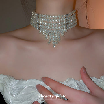Layered Pearl Fringe Choker Statement Necklace For Women