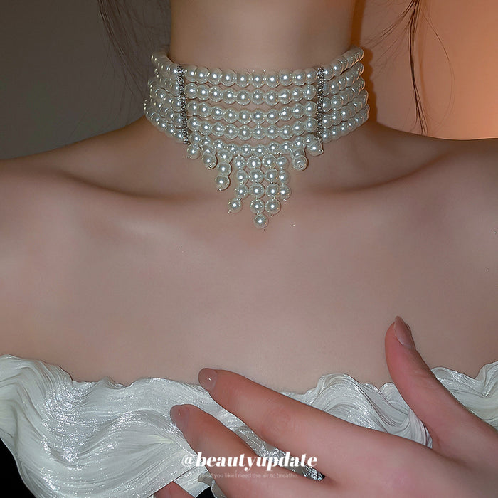 Layered Pearl Fringe Choker Statement Necklace For Women