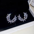 Silver Tone Crystal Leaf Crescent Ear Climber Stud Earrings view 2
