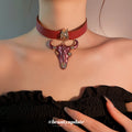 Red Leather Bull Skull Pendant Choker Necklace Decorative Jewelry Design view 3