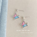 Silver Ball Stud Pink Blue Enamel Butterfly Drop Earrings view 1