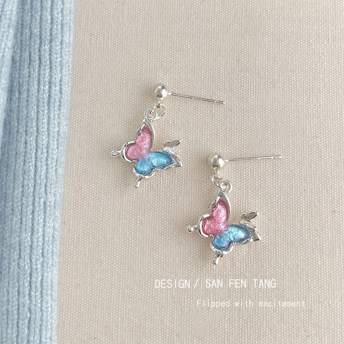 Silver Ball Stud Pink Blue Enamel Butterfly Drop Earrings