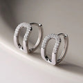 Silver Geometric Square Half Pavé CZ Huggie Hoop Earrings view 2