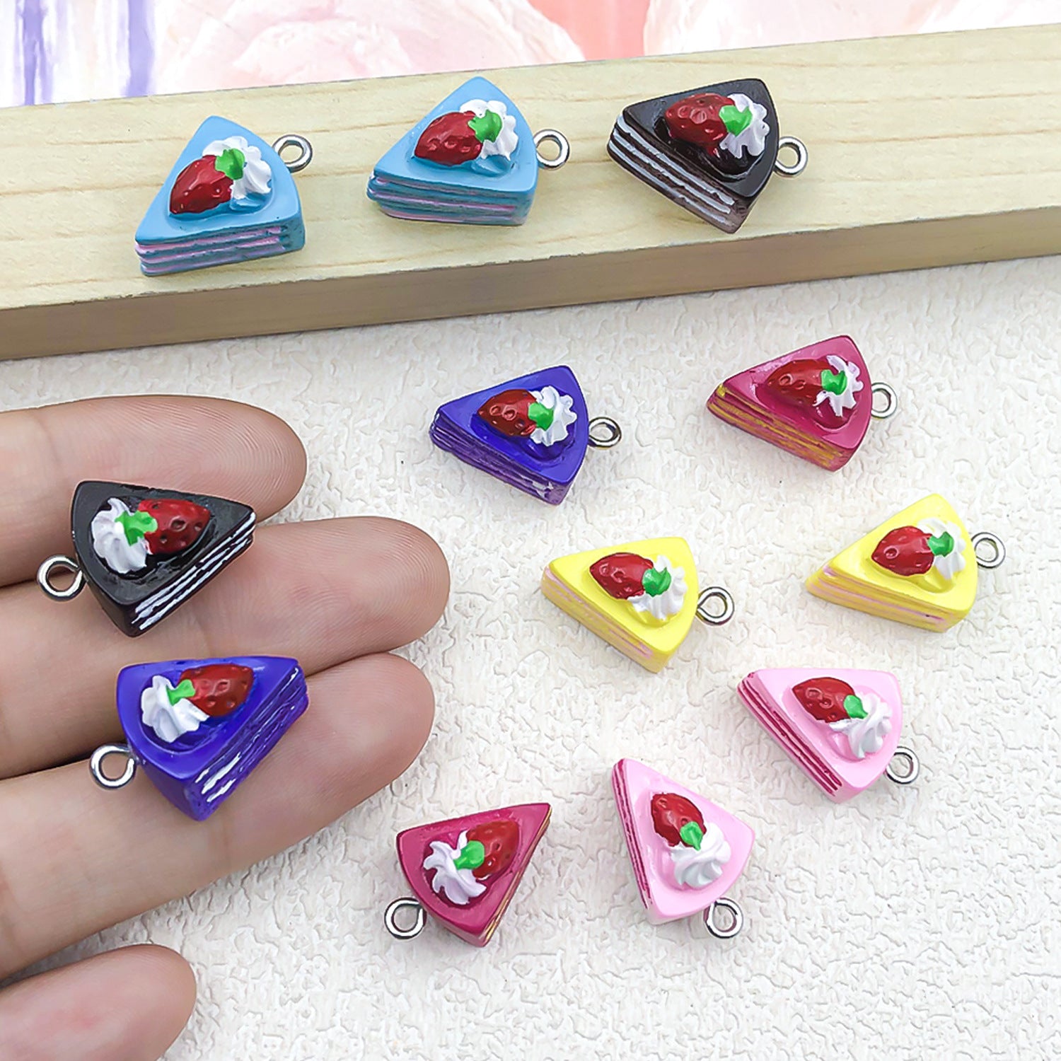 Resin Strawberry Triangle Cake Cheese Dessert Charm Pendant for DIY Keychain Jewelry
