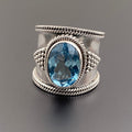 Aqua Oval Stone Extra-Wide Filigree Ring In Antiqued Silver Tone view 3