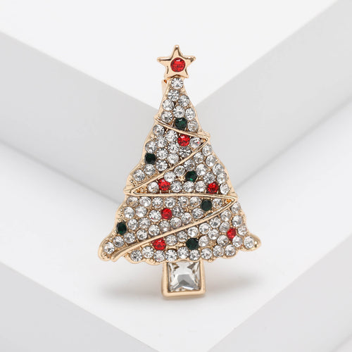 Close-up product view showing the colors and surface details of the colorful crystal christmas tree brooch