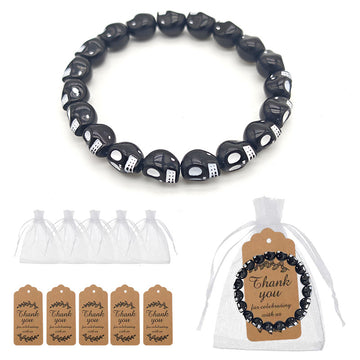 Black Skull Bead Stretch Bracelet White Eye Accents