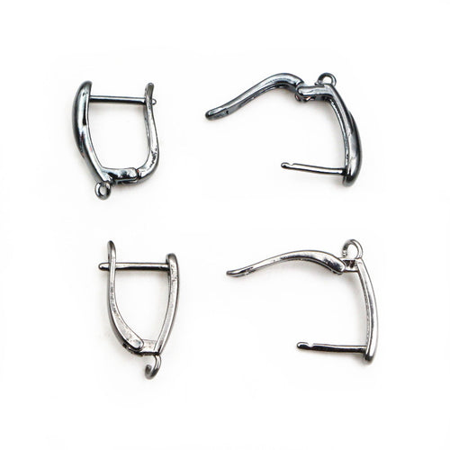 Grouped detail view of two U-shaped hinged earring finding styles in five metallic finishes