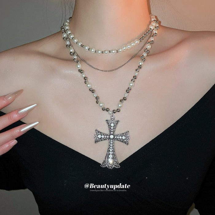 Double Strand Pearl Rhinestone Cross Pendant Necklace