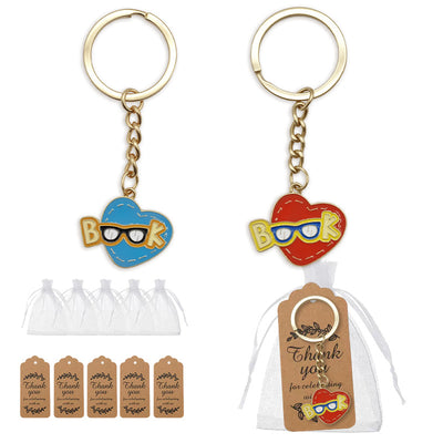 Blue and red BOOK heart keychains with organza bags and kraft tags