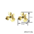 Gold Matte Four-Petal Flower Stud Earrings Dark Crystal Center view 4