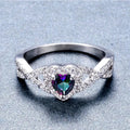 Silver Tone Heart Multicolor Stone Cross Band Ring Sizes 6-10 view 4