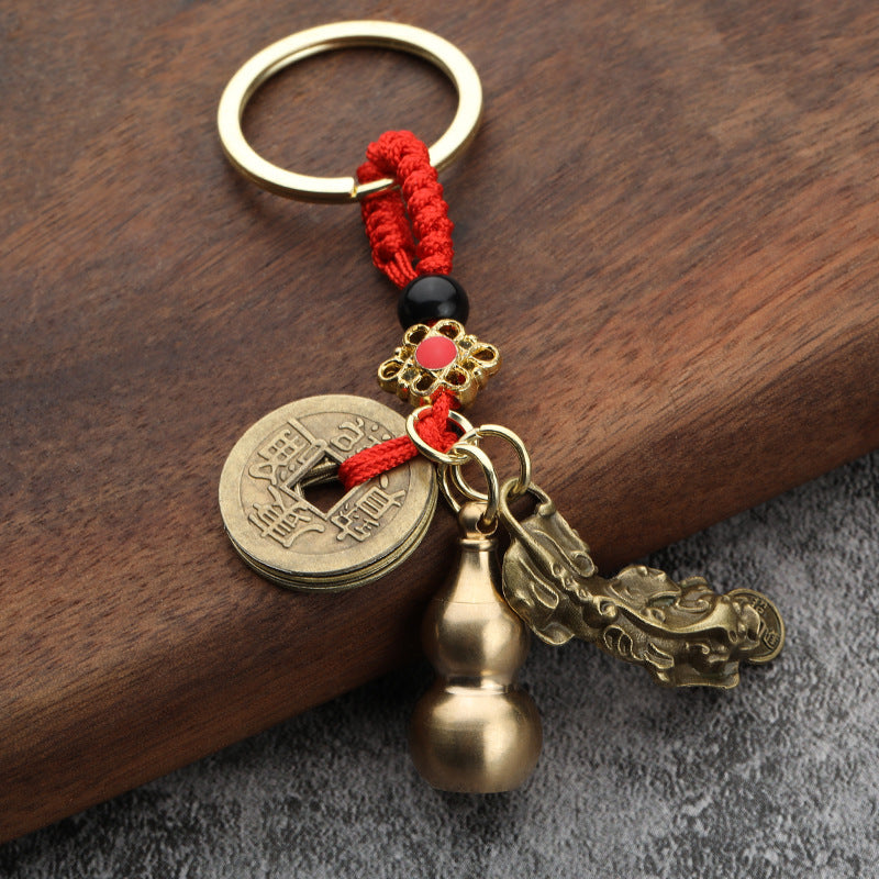 Brass Gourd Pixiu Keychain with Red Cord and Cinnabar Accent