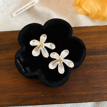 Small Silver Tone Flower Stud Earrings with Pale Petal Inlays