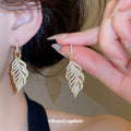 Crystal Leaf Drop Earrings with Detailed Gold Tone Openwork view 2