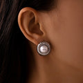 Imitation Pearl Stud Earrings Ribbed Metal Shell Gold Steel Tone view 2
