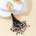Brown Leather Cord Tassel Keychain With Faux Pearl Beads view 1