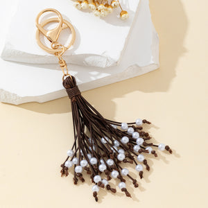 Brown Leather Cord Tassel Keychain With Faux Pearl Beads