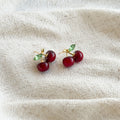 Burgundy Double Cherry Green Leaf Small Stud Earrings view 4