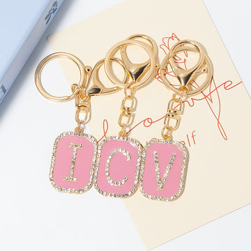 Pink Rhinestone Initial Letter Tag Keychains A Through L