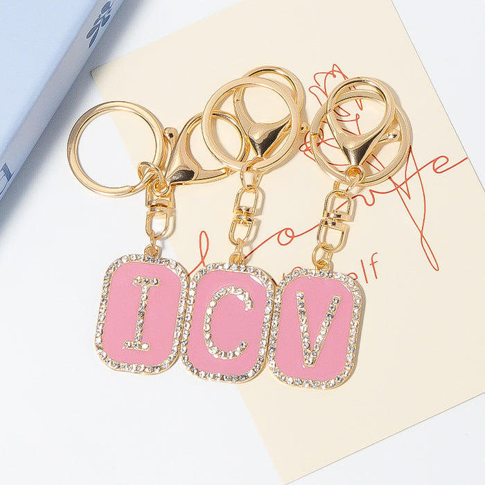 Pink Enamel Rhinestone Initial Letter Tag Keychain A-Z
