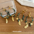 Green Beaded Hoop Charm Clip Earrings with Distinctive Textured Details view 2