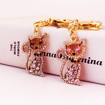 Gold-Tone Rhinestone Cat Keychain, Pink Or Black Eyes