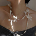White Lace Bow and Pearl Chain Statement Necklace Fashion Jewelry view 1
