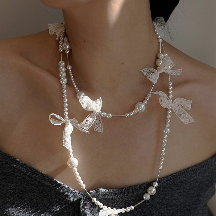 White Lace Bow and Pearl Chain Statement Necklace Fashion Jewelry