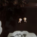 Gold Tone White Pearl Flower And Clear Leaf Stud Earrings view 4