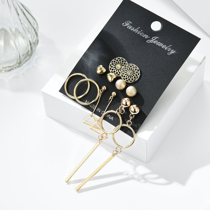 Gold Six Pair Earring Set Circles Bars Hearts and Studs