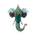 Enamel Elephant Head Brooch Green Gray Antique Silver Pin view 2