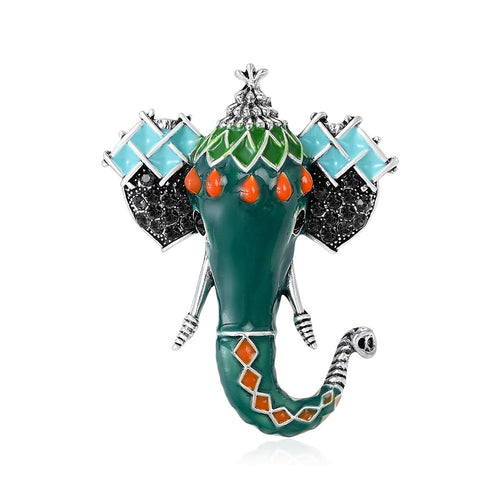 Green enamel elephant head brooch turquoise ear tiles orange accents