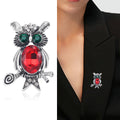 Owl Brooch With Large Oval Crystal Body in Red or Blue view 2