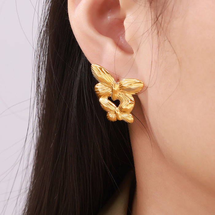 Butterfly Stud Earrings Dual Wing Gold Silver Titanium Steel