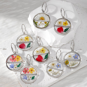 Silver Tone Divided Round Pressed Flower Resin Hook Earrings