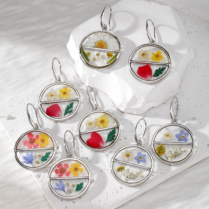 Silver Tone Divided Round Pressed Flower Resin Hook Earrings
