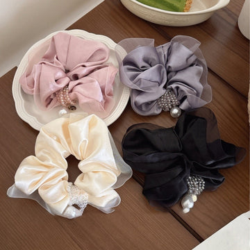 Black Satin Sheer Ruffle Scrunchie With Beads And Pearl Like Drop