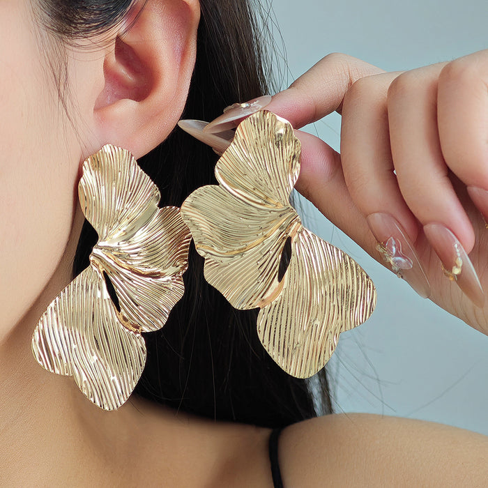 Gold Tone Textured Folded Petal Oversized Statement Earrings