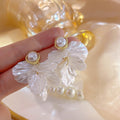 White Iridescent Petal and Pearl Look Statement Earrings view 2